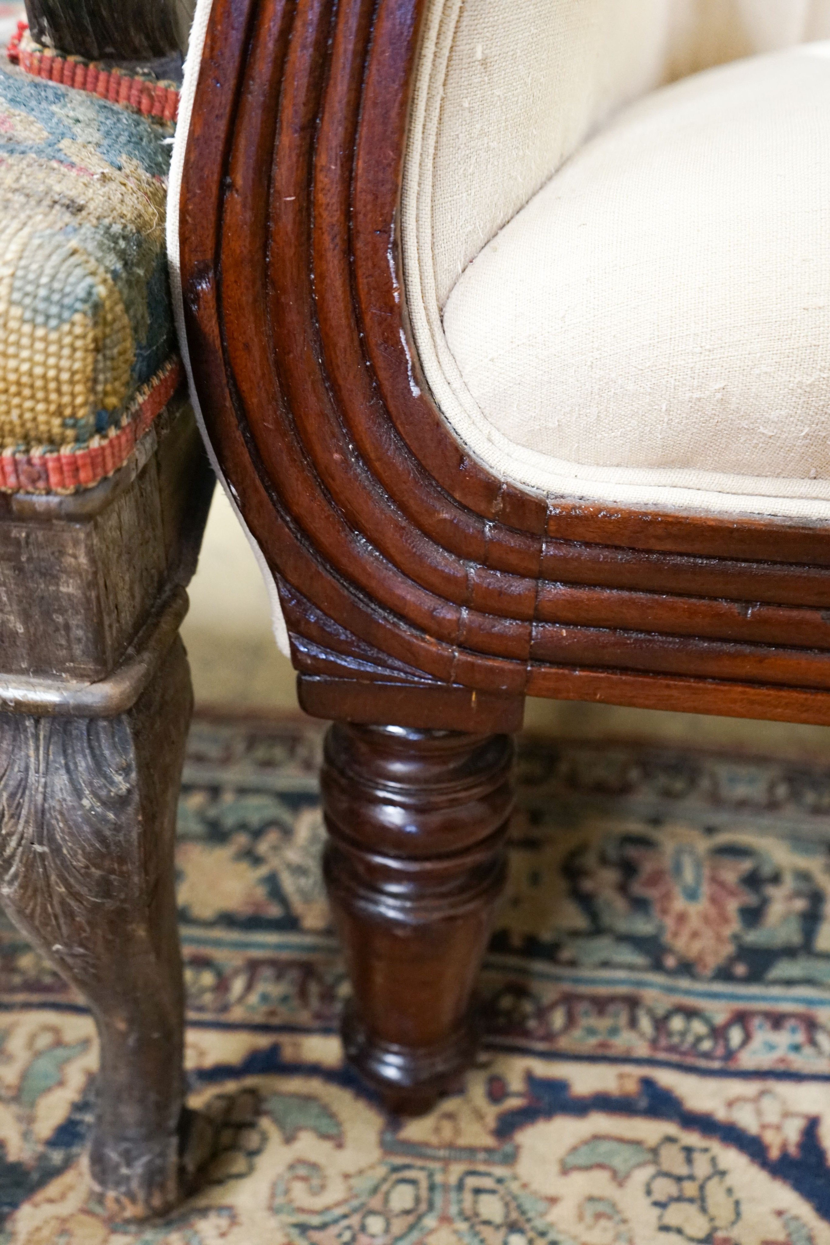 A William IV mahogany upholstered armchair, width 70cm, depth 70cm, height 122cm